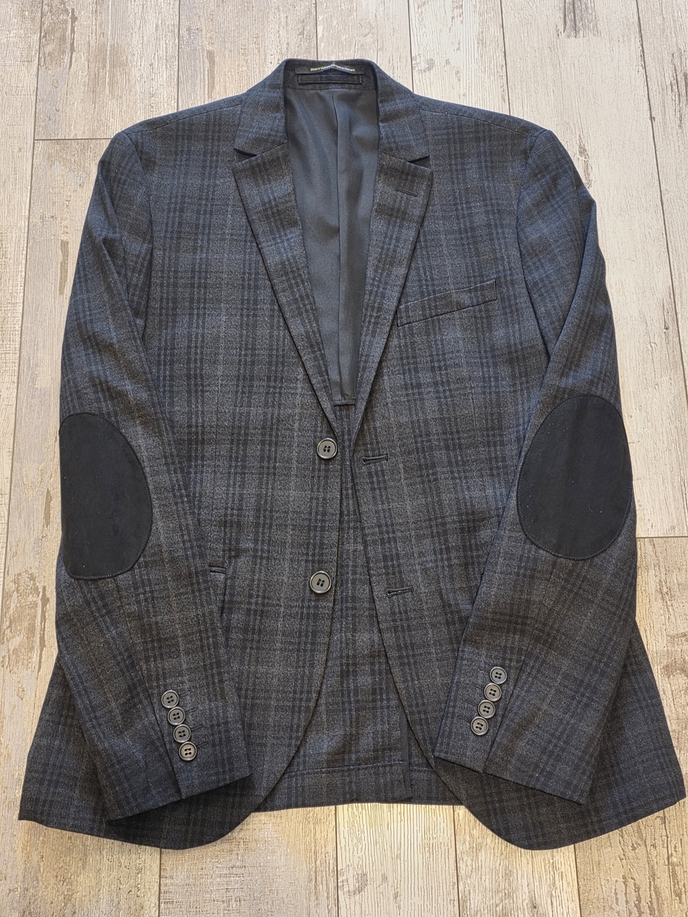 36R Men's H&M Charcoal Plaid Blazer Slim Elbow Patch Tartan Sport Coat Unworn